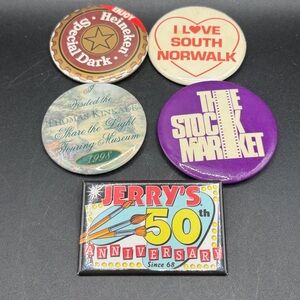 Five Vintage & Modern Collectible Button Pin Brooches, Stock Market, Heineken +